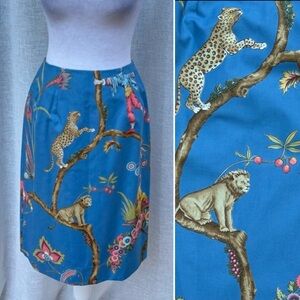 Steven Stolman vintage blue chinoiserie monkey jaguar sateen mini pencil skirt